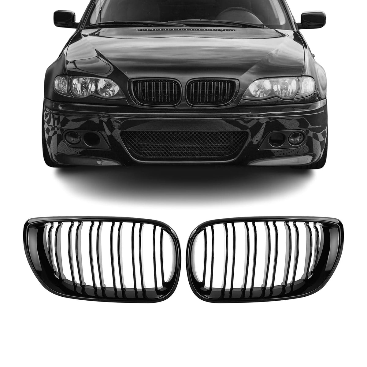 BMW E46, M-look kiiltävän mustat munuaiset