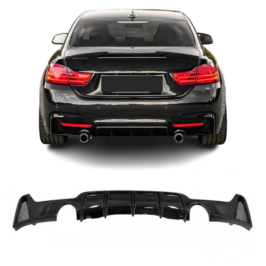 BMW F32 F33 F36 M-Performance kiiltävän musta takapuskurin diffusori yhdelle putkenpäälle vasemmalla ja oikealla
