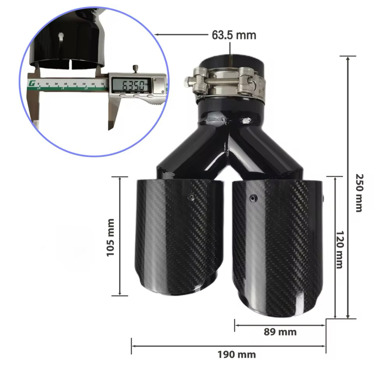 BMW yleismalliset hiilikuitu
putkenpäät 2+2 liitos 63,5mm ulostulo
2x89mm