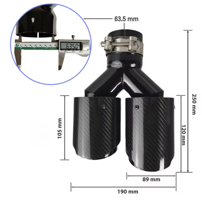 BMW yleismalliset hiilikuitu
putkenpäät 2+2 liitos 63,5mm ulostulo
2x89mm